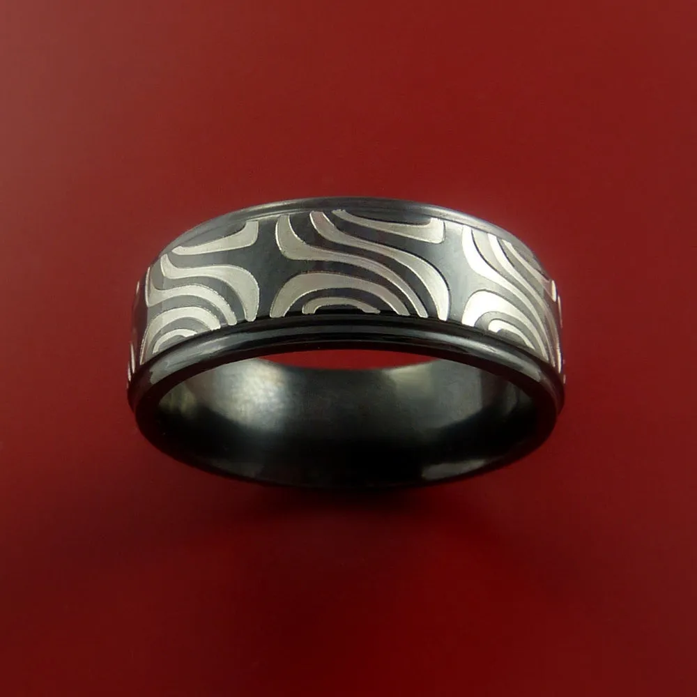 Black Zirconium Ring Textured Carved Pattern Band Made to Any Sizing 3-22