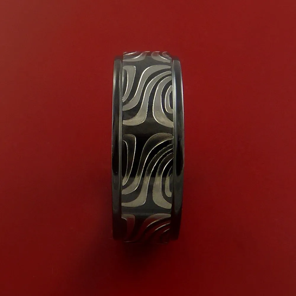 Black Zirconium Ring Textured Carved Pattern Band Made to Any Sizing 3-22