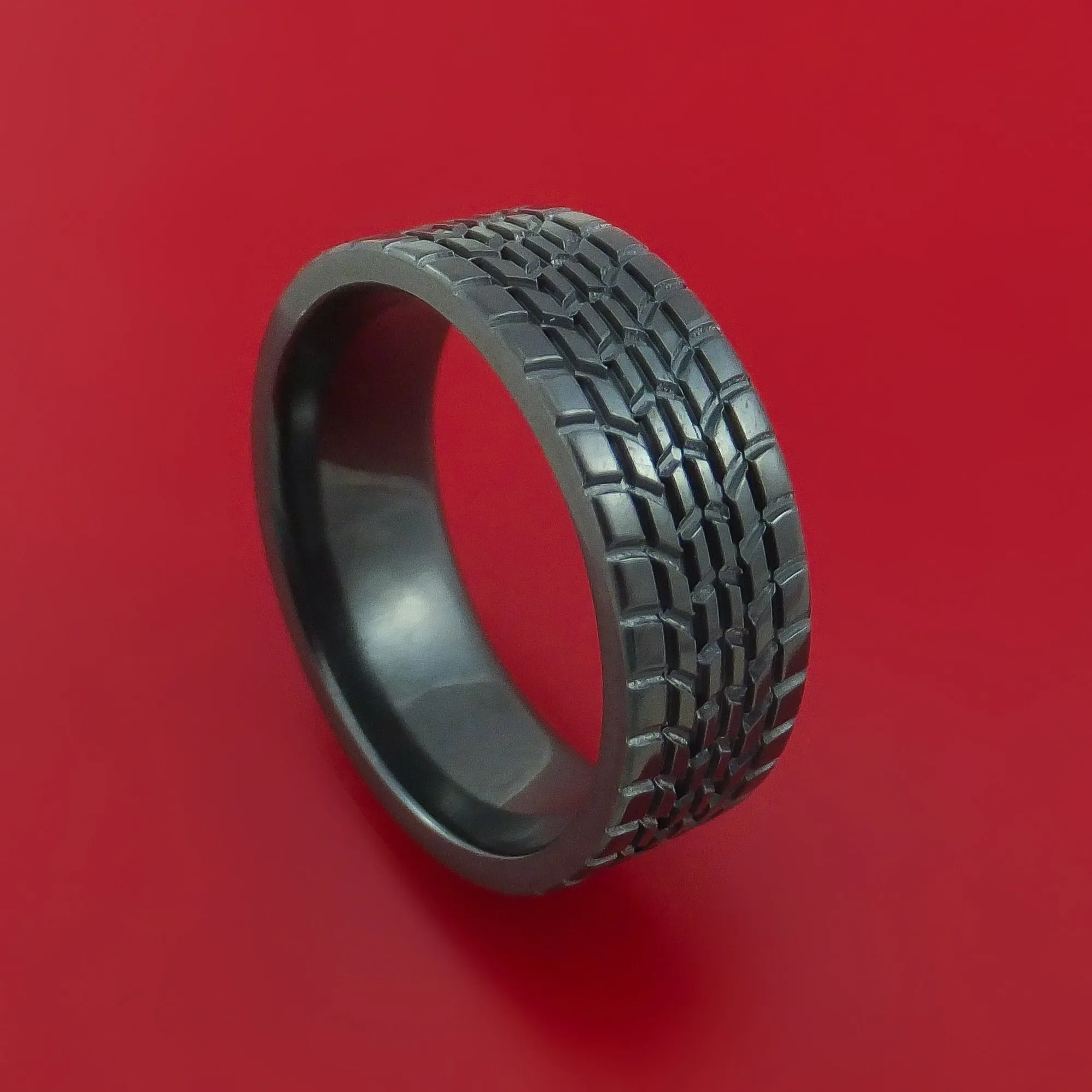Black Zirconium Ring Textured Tread Pattern Band Made to Any Sizing 3-22