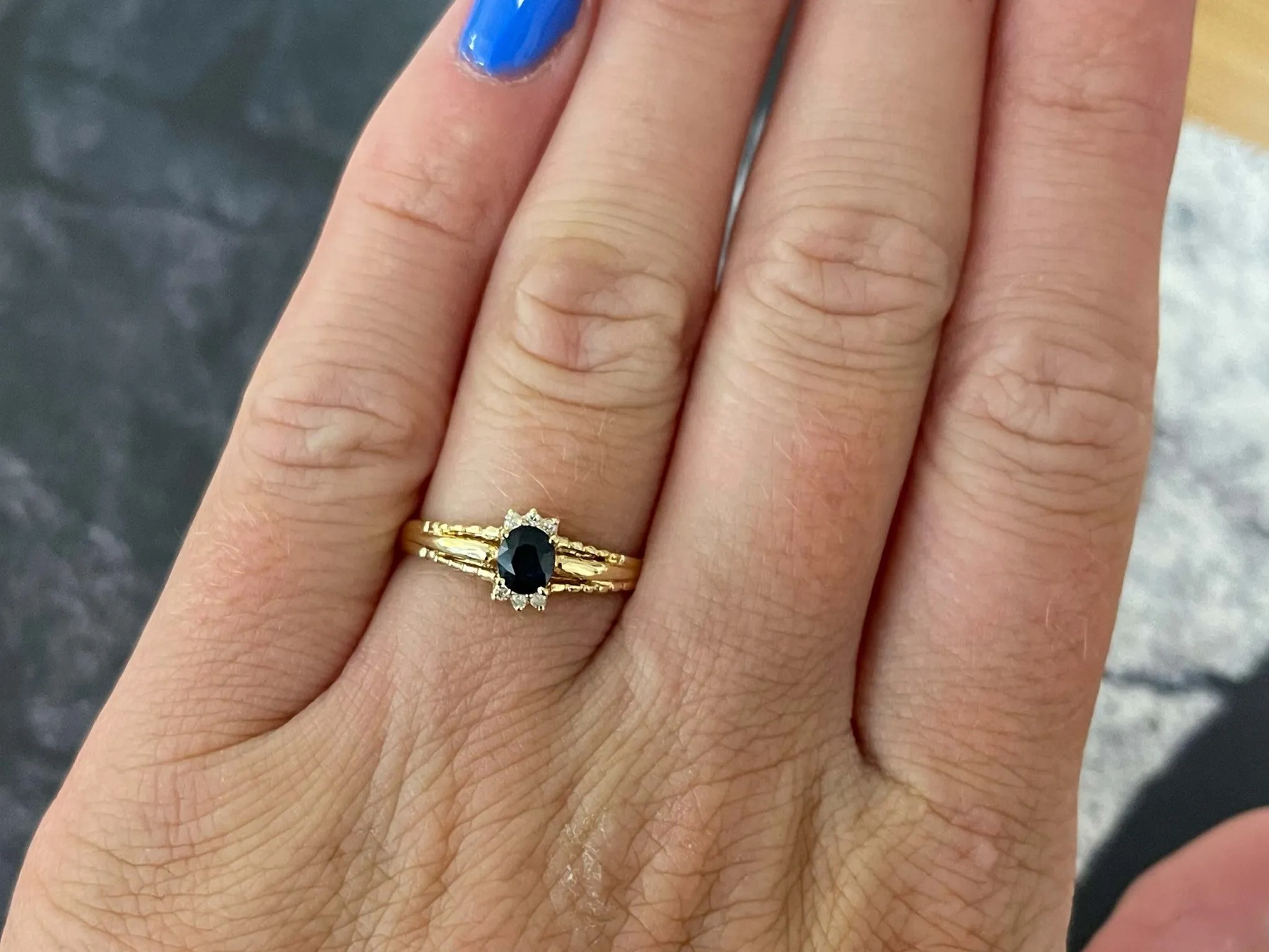 Blue Oval Sapphire and Diamond Ring in 14k Yellow Gold