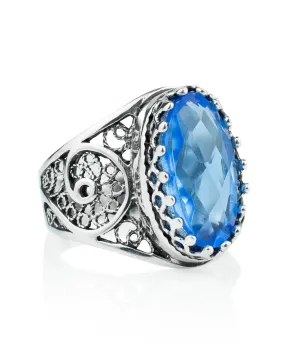 Blue Quartz Filigree Art Cocktail Ring - Sterling Silver Oval Gemstone Jewelry