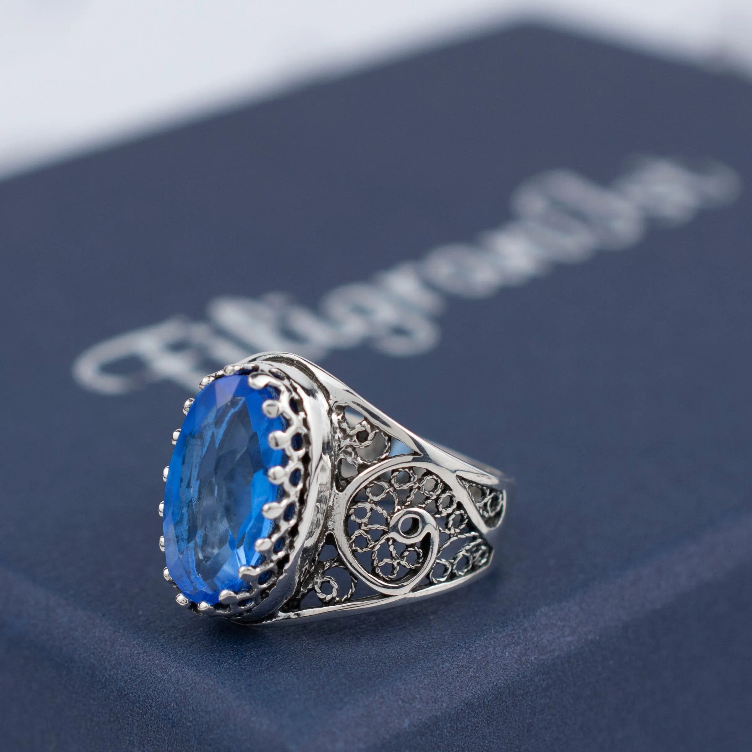 Blue Quartz Filigree Art Cocktail Ring - Sterling Silver Oval Gemstone Jewelry