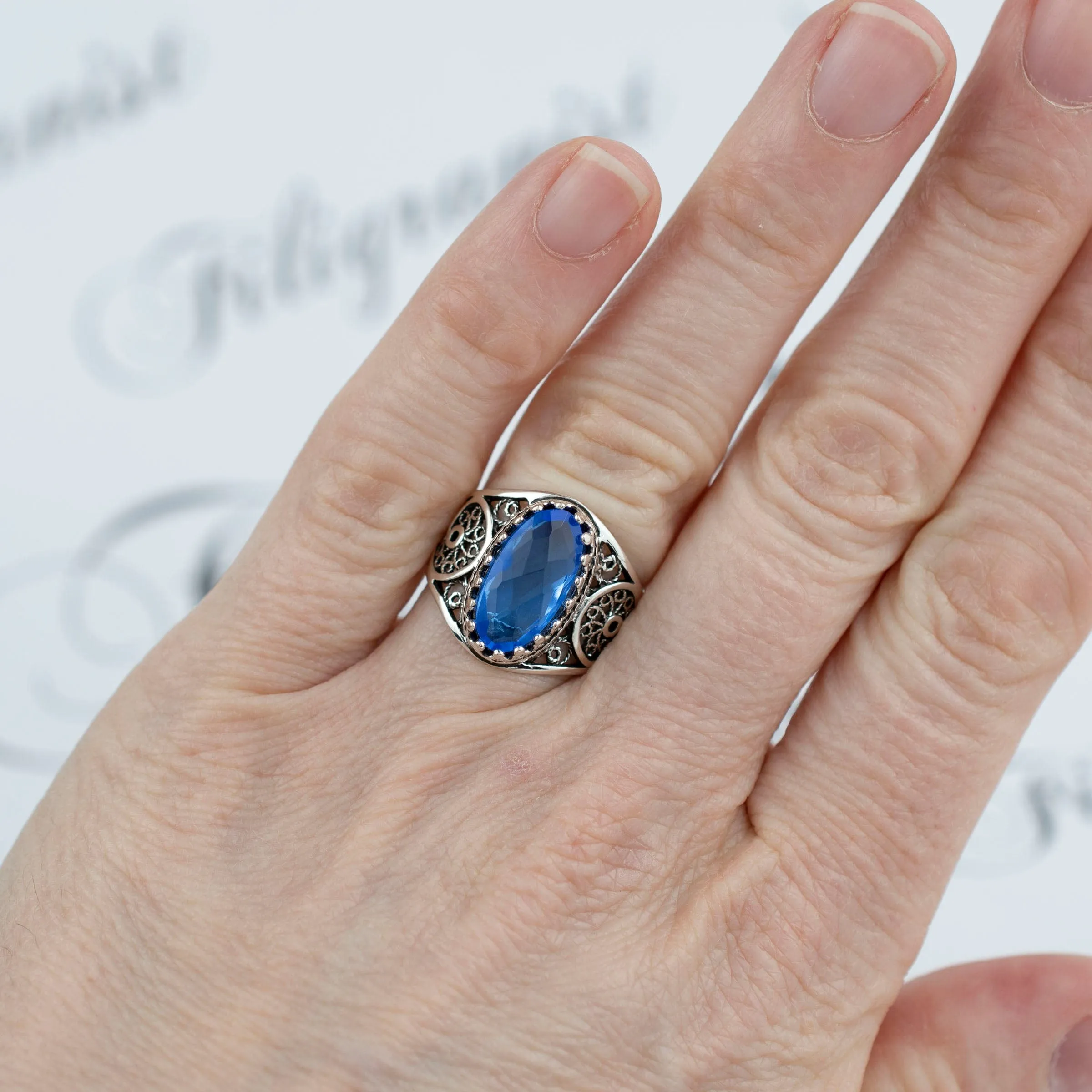 Blue Quartz Filigree Art Cocktail Ring - Sterling Silver Oval Gemstone Jewelry