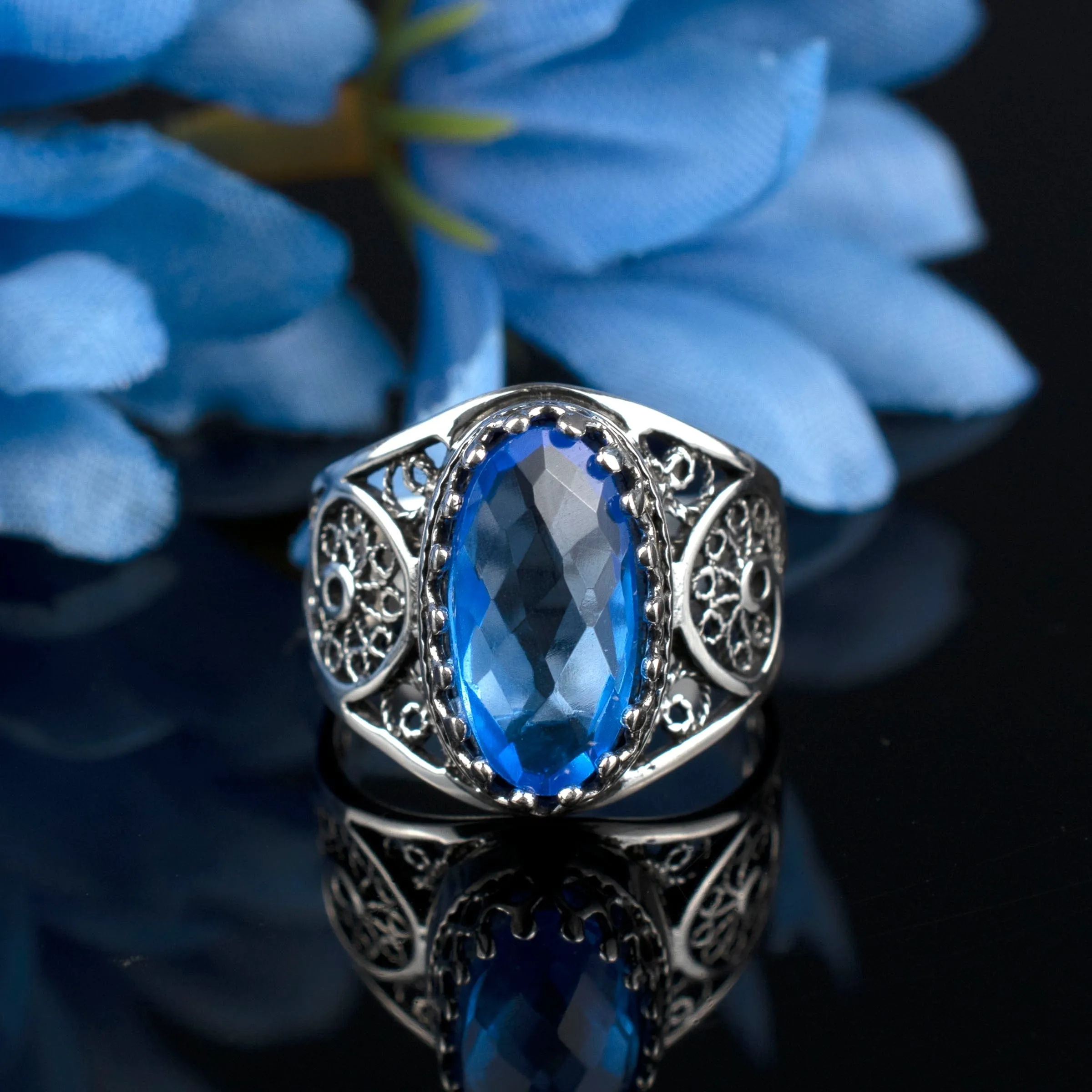 Blue Quartz Filigree Art Cocktail Ring - Sterling Silver Oval Gemstone Jewelry