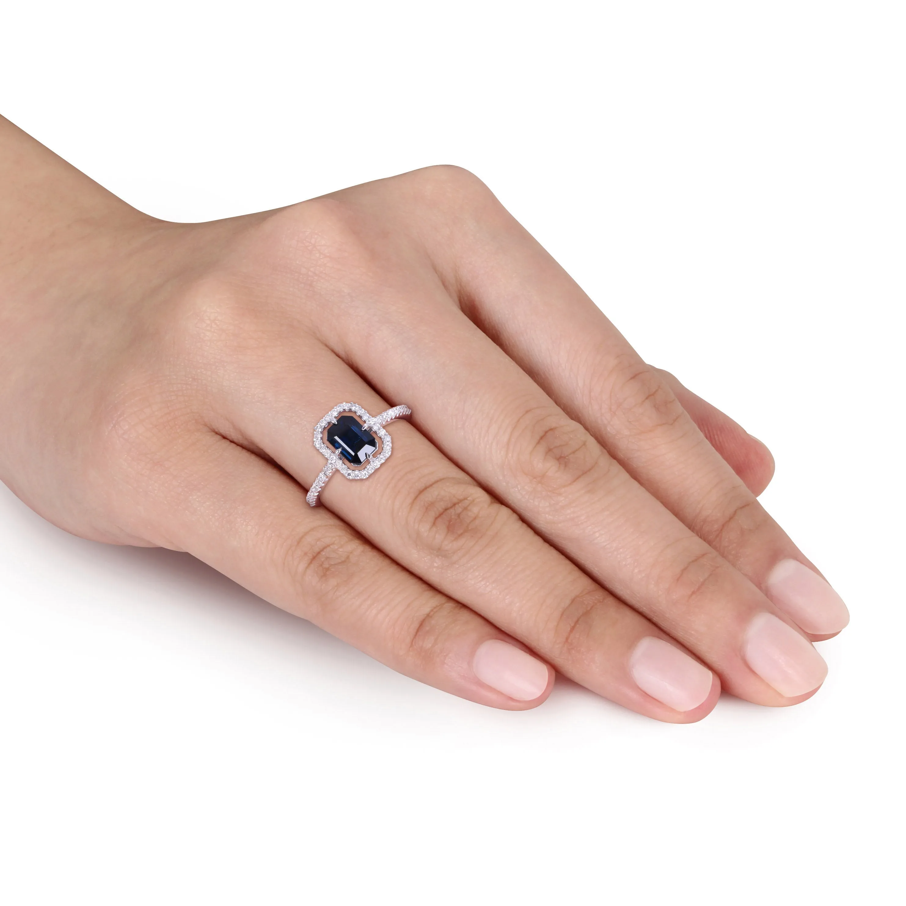 Blue Sapphire Diamond Floating Halo Ring 14K White Gold