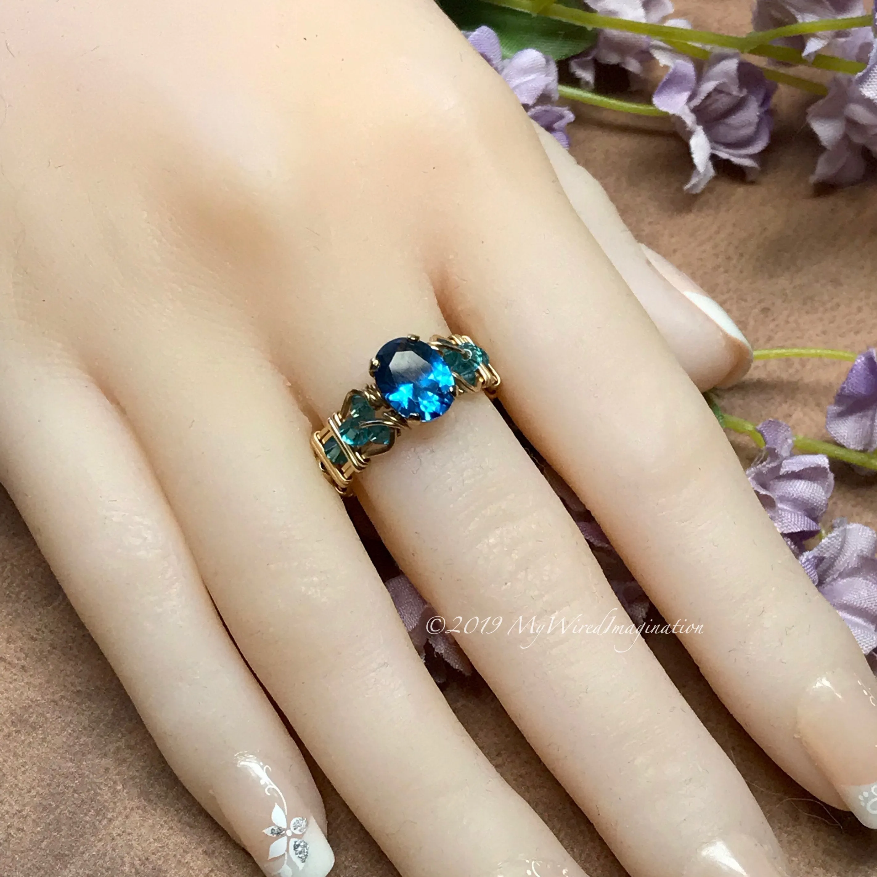 Blue Zircon, Lab-Created London Blue Gemstone, Handmade Ring in 14K GF, US Size 6.5