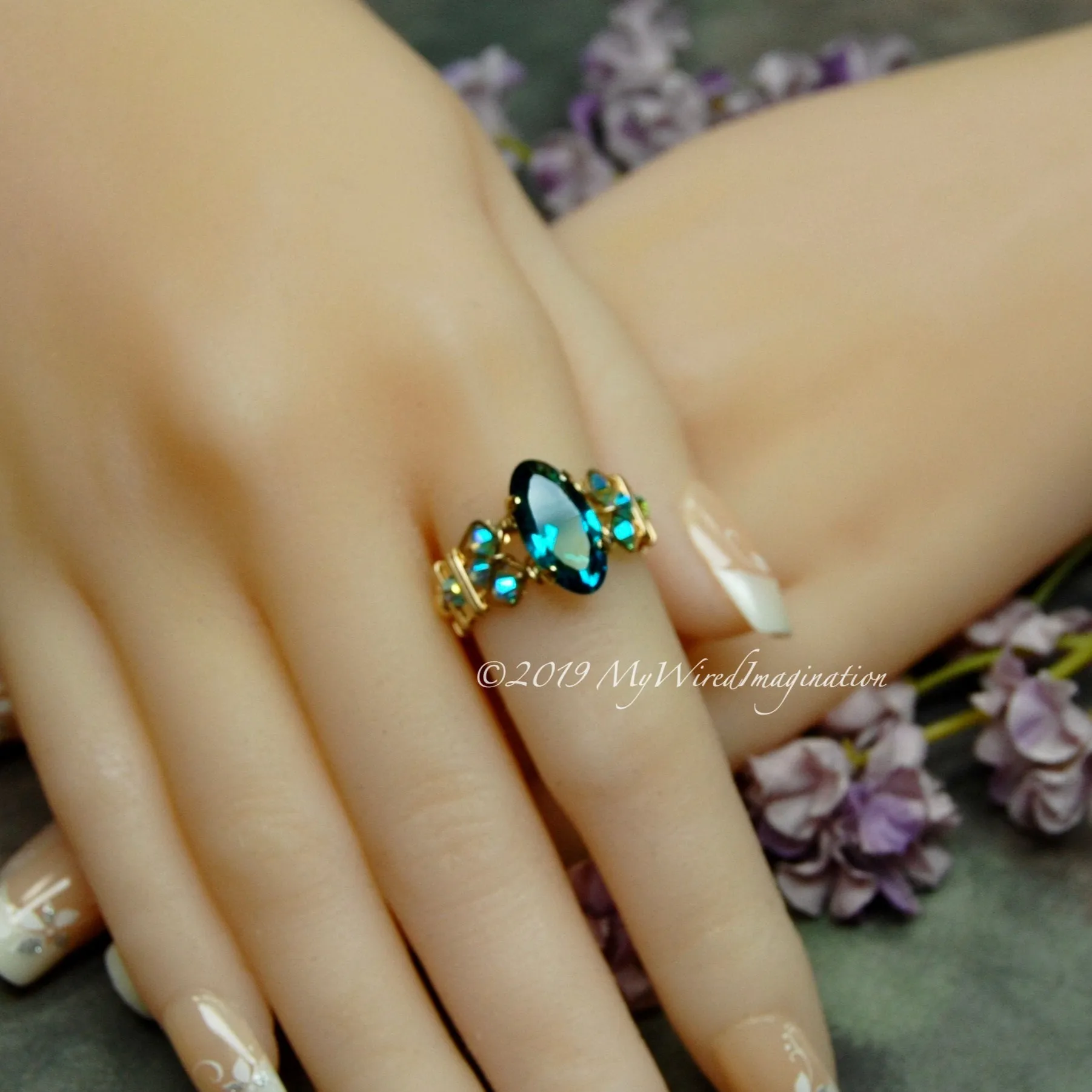 Blue Zircon, Vintage Swarovski Crystal, Rare Rounded Marquise Shaped Stone, Handmade Ring, December Birthstone