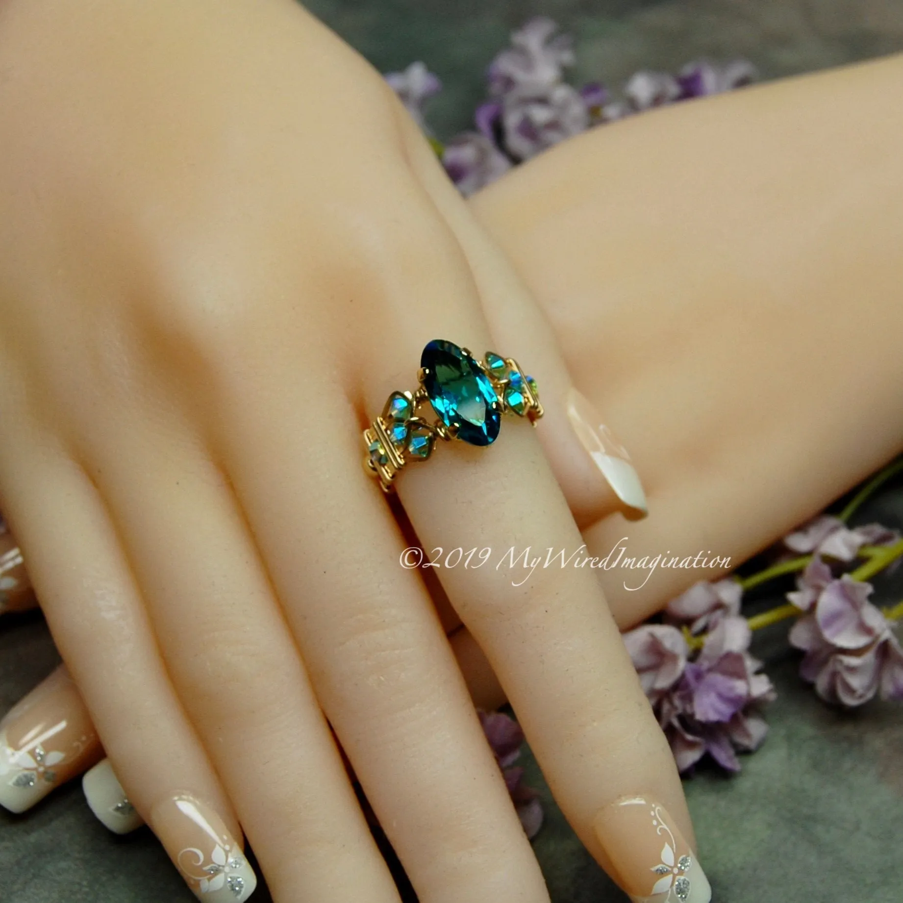 Blue Zircon, Vintage Swarovski Crystal, Rare Rounded Marquise Shaped Stone, Handmade Ring, December Birthstone