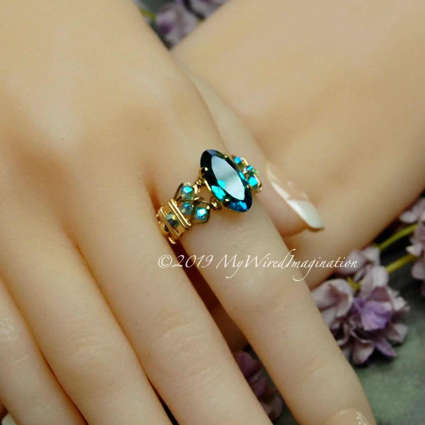 Blue Zircon, Vintage Swarovski Crystal, Rare Rounded Marquise Shaped Stone, Handmade Ring, December Birthstone