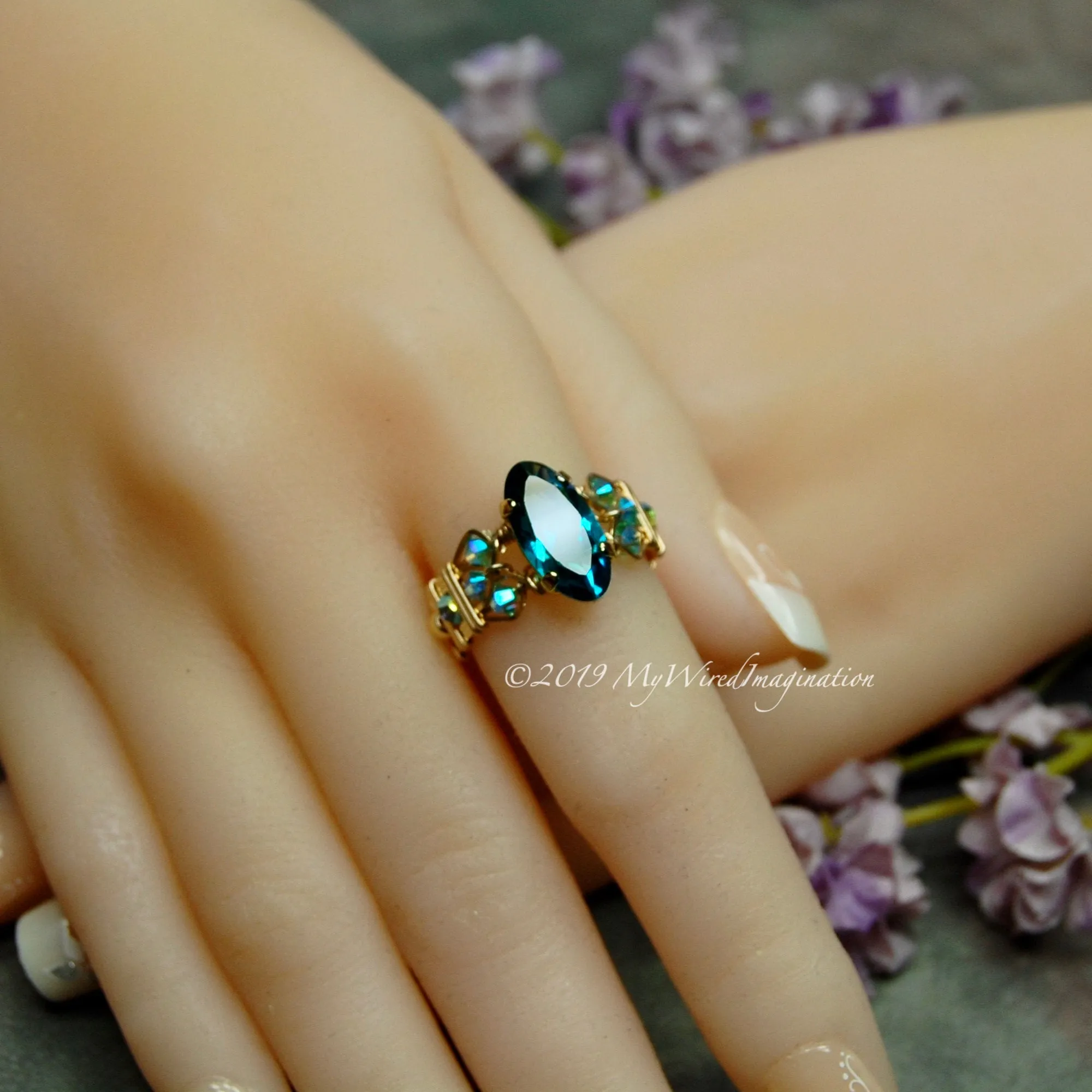 Blue Zircon, Vintage Swarovski Crystal, Rare Rounded Marquise Shaped Stone, Handmade Ring, December Birthstone