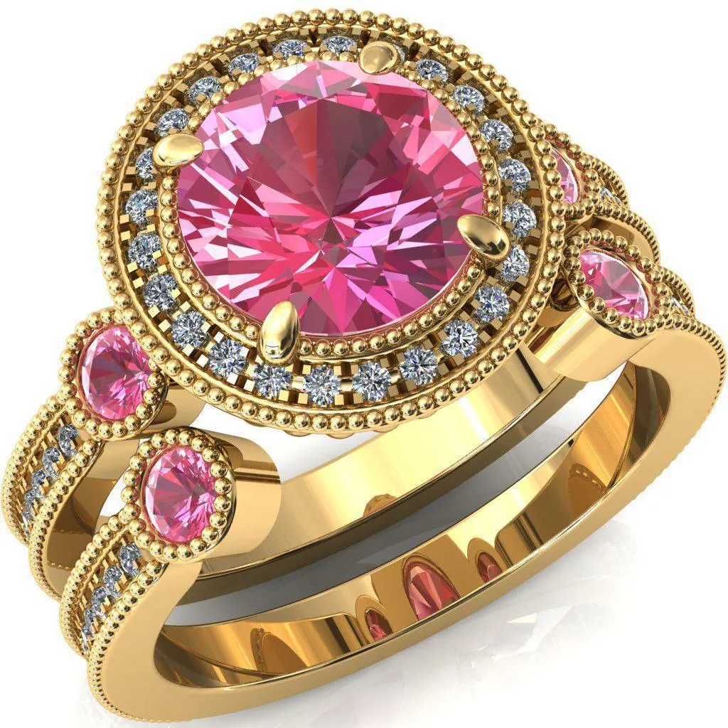 Brachium Round Pink Sapphire Bezel Milgrain Halo 3/4 Eternity Accent Diamond Ring