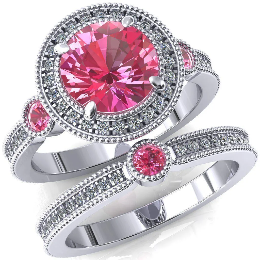 Brachium Round Pink Sapphire Bezel Milgrain Halo 3/4 Eternity Accent Diamond Ring
