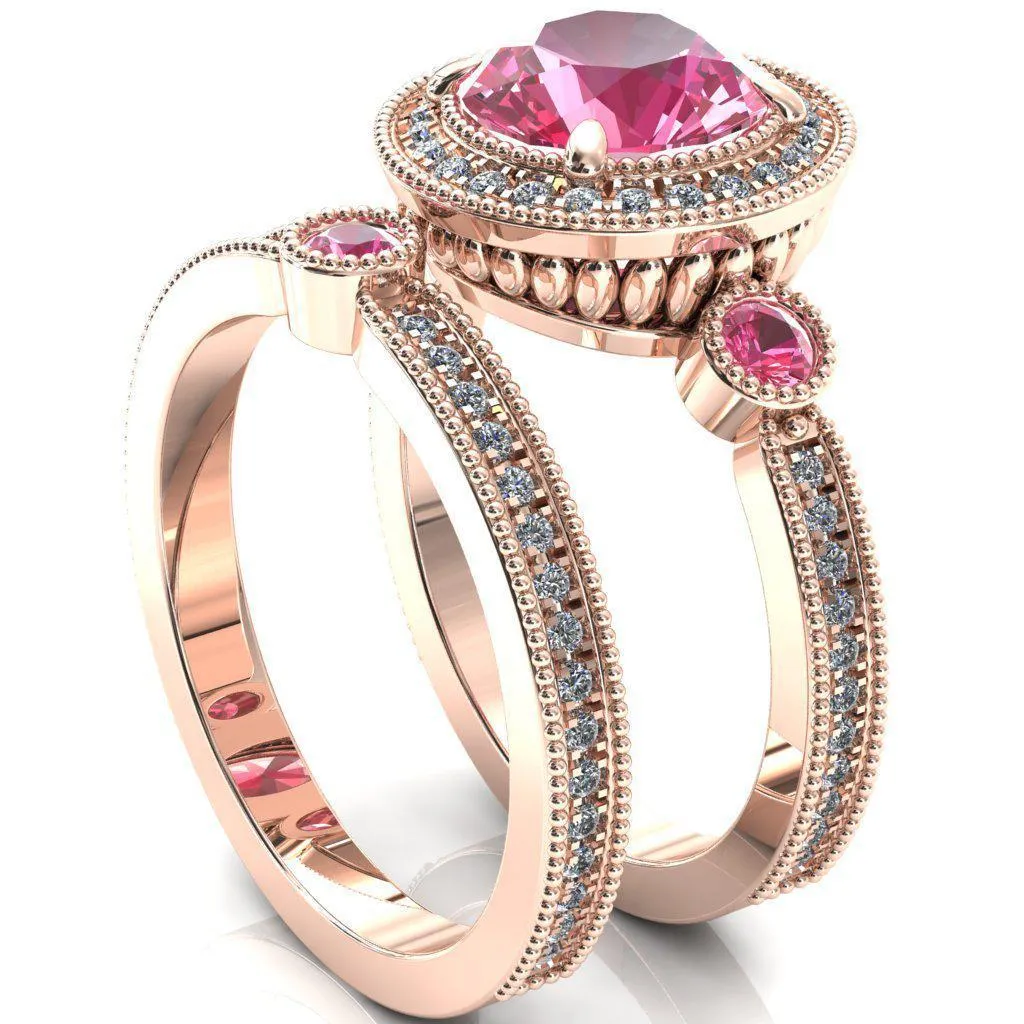 Brachium Round Pink Sapphire Bezel Milgrain Halo 3/4 Eternity Accent Diamond Ring
