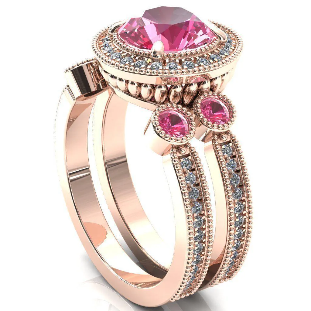 Brachium Round Pink Sapphire Bezel Milgrain Halo 3/4 Eternity Accent Diamond Ring