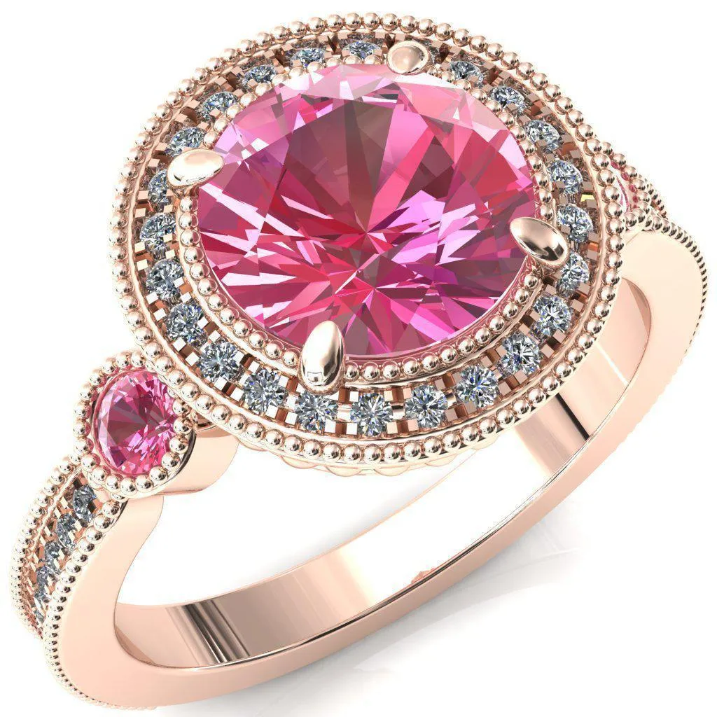 Brachium Round Pink Sapphire Bezel Milgrain Halo 3/4 Eternity Accent Diamond Ring