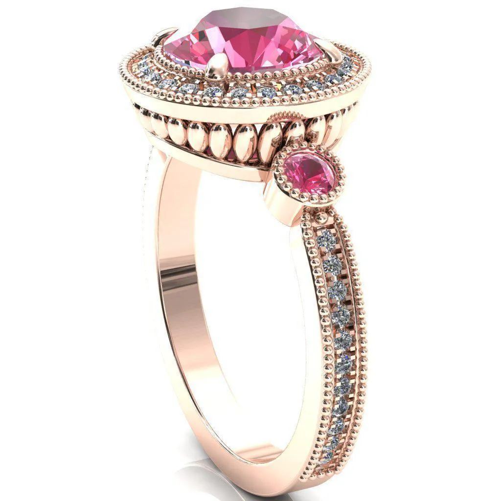Brachium Round Pink Sapphire Bezel Milgrain Halo 3/4 Eternity Accent Diamond Ring