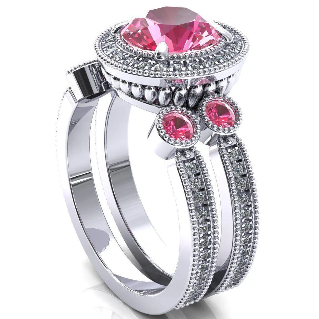 Brachium Round Pink Sapphire Bezel Milgrain Halo 3/4 Eternity Accent Diamond Ring