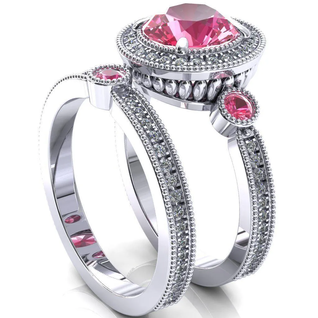 Brachium Round Pink Sapphire Bezel Milgrain Halo 3/4 Eternity Accent Diamond Ring