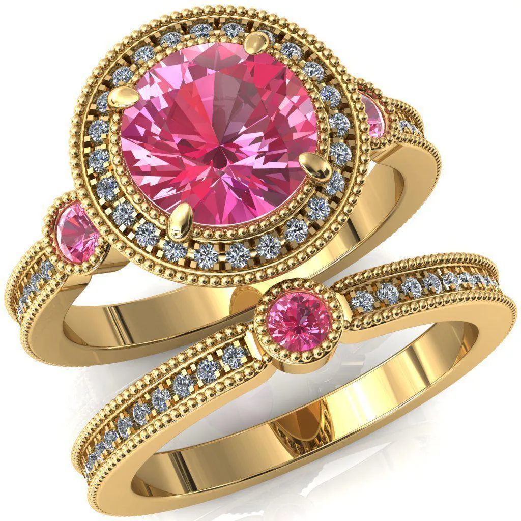 Brachium Round Pink Sapphire Bezel Milgrain Halo 3/4 Eternity Accent Diamond Ring