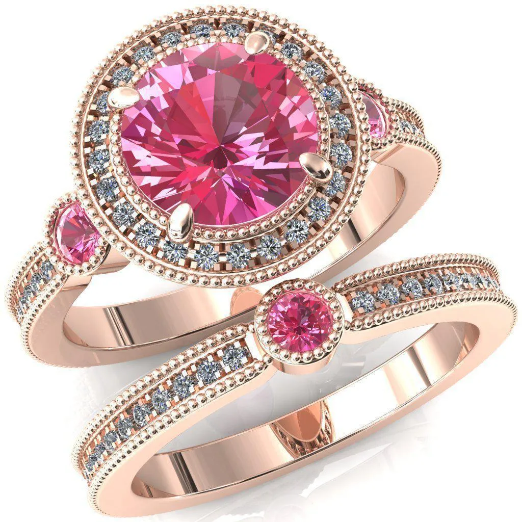 Brachium Round Pink Sapphire Bezel Milgrain Halo 3/4 Eternity Accent Diamond Ring