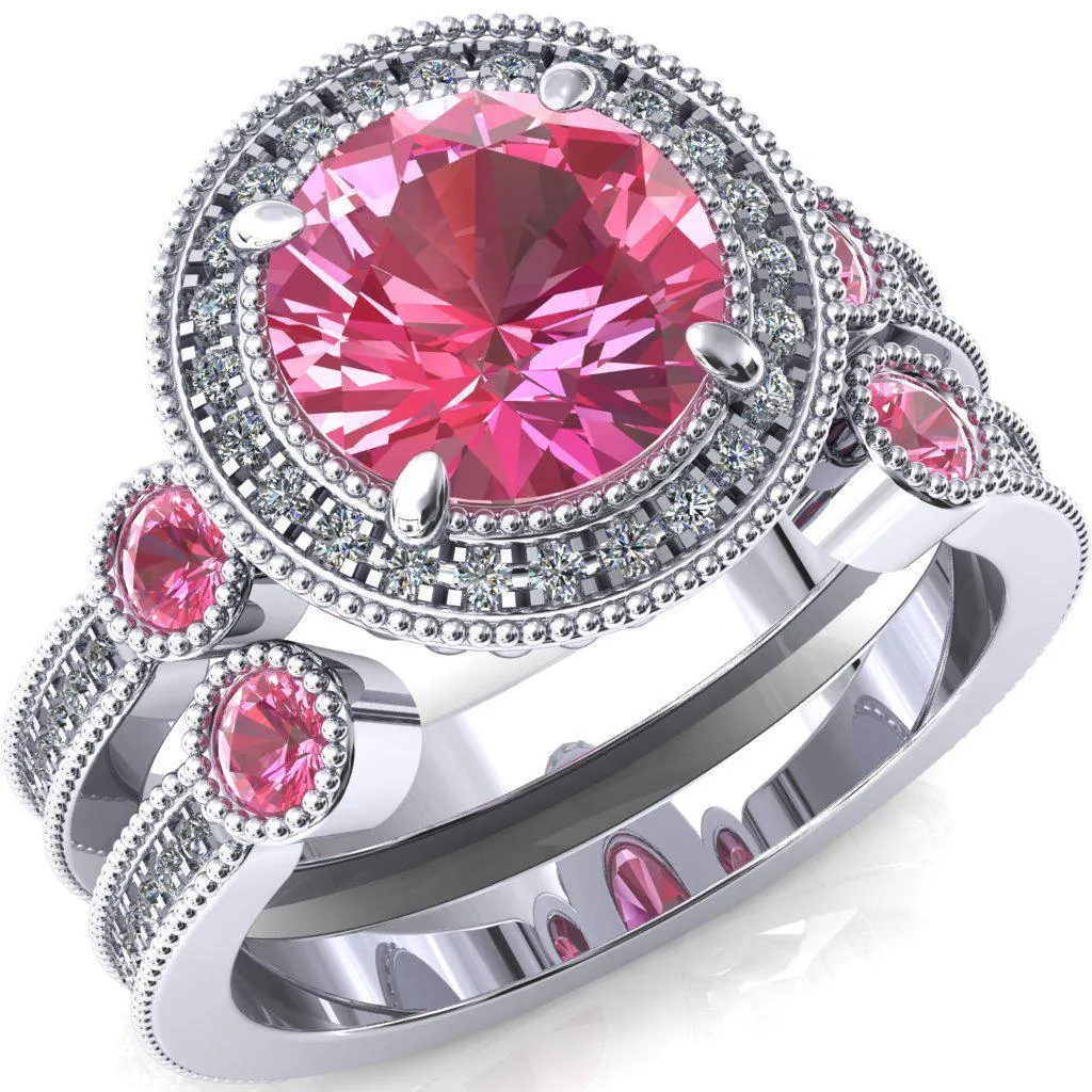 Brachium Round Pink Sapphire Bezel Milgrain Halo 3/4 Eternity Accent Diamond Ring