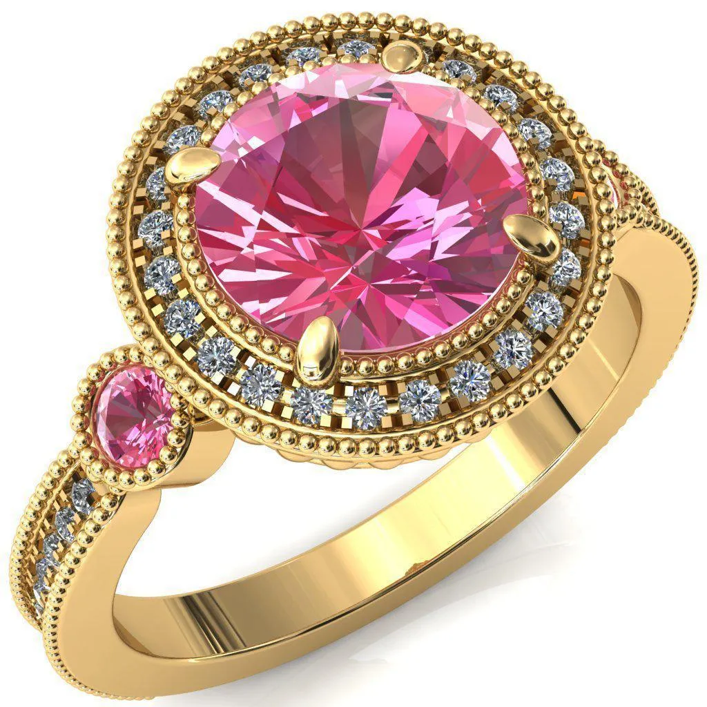 Brachium Round Pink Sapphire Bezel Milgrain Halo 3/4 Eternity Accent Diamond Ring