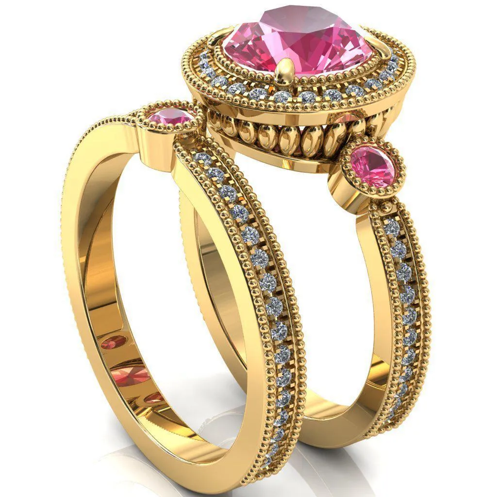 Brachium Round Pink Sapphire Bezel Milgrain Halo 3/4 Eternity Accent Diamond Ring