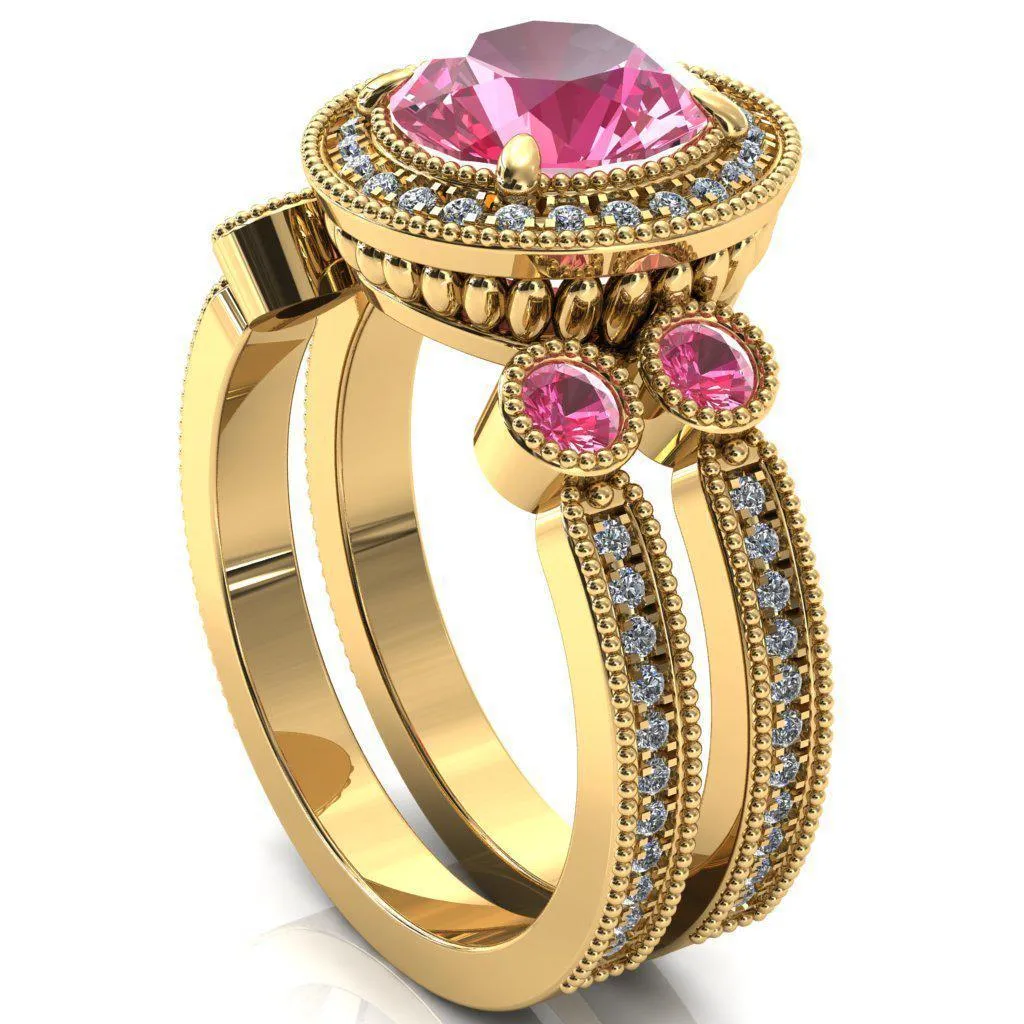 Brachium Round Pink Sapphire Bezel Milgrain Halo 3/4 Eternity Accent Diamond Ring