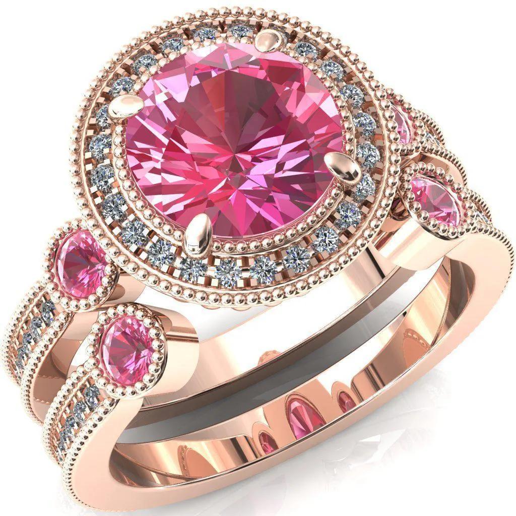 Brachium Round Pink Sapphire Bezel Milgrain Halo 3/4 Eternity Accent Diamond Ring