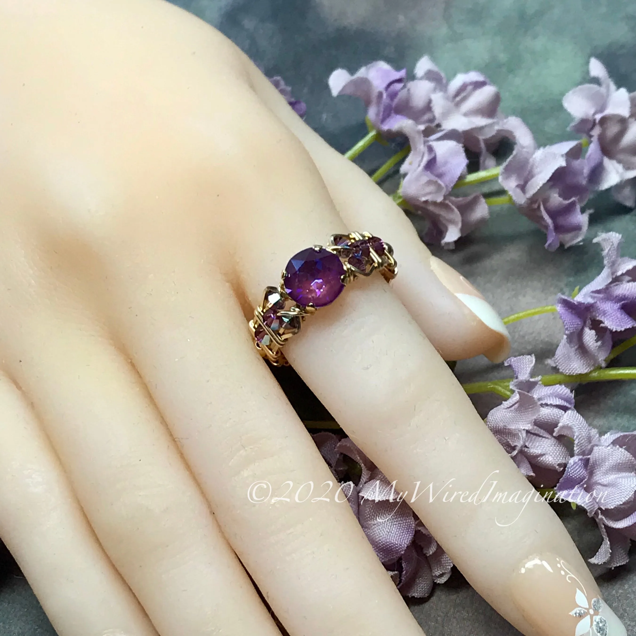 Burgundy-DeLite Ring, Genuine Swarovski Crystal, Handmade Ring, 14K GF US Size 8.5