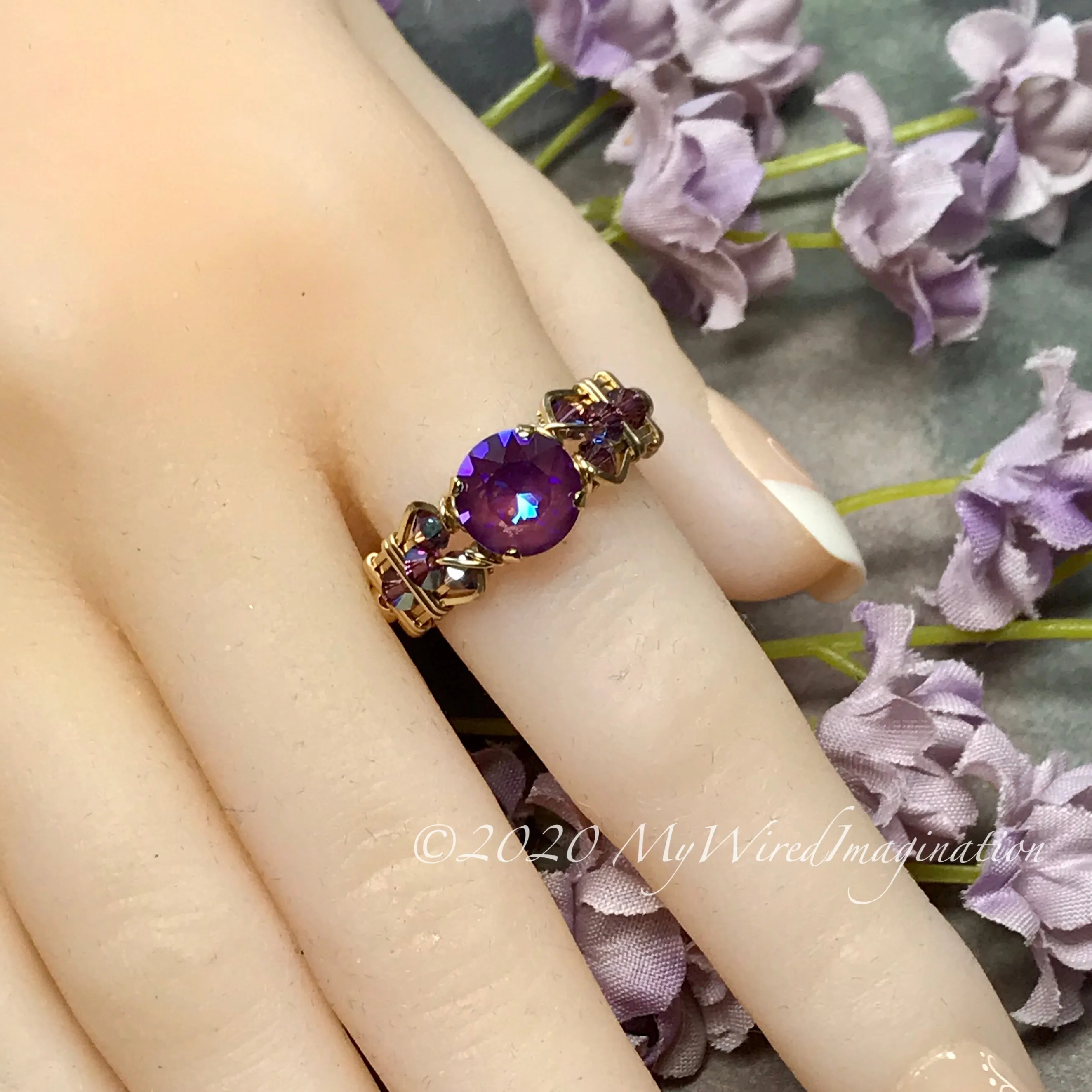 Burgundy-DeLite Ring, Genuine Swarovski Crystal, Handmade Ring, 14K GF US Size 8.5