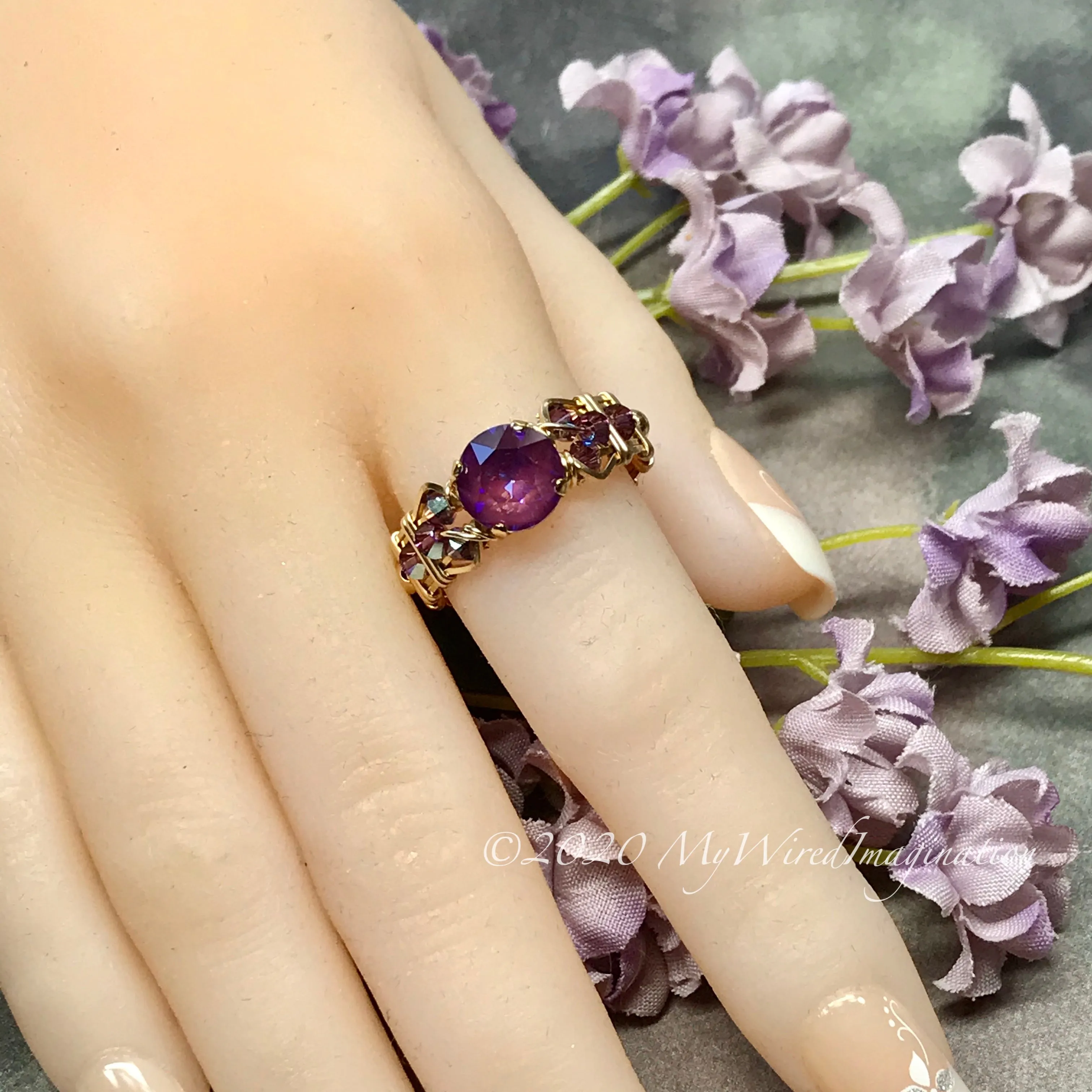 Burgundy-DeLite Ring, Genuine Swarovski Crystal, Handmade Ring, 14K GF US Size 8.5