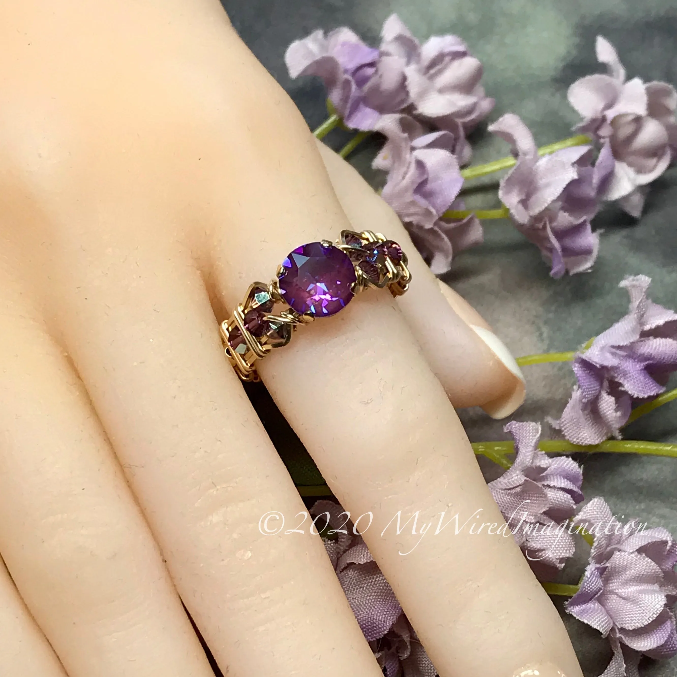Burgundy-DeLite Ring, Genuine Swarovski Crystal, Handmade Ring, 14K GF US Size 8.5