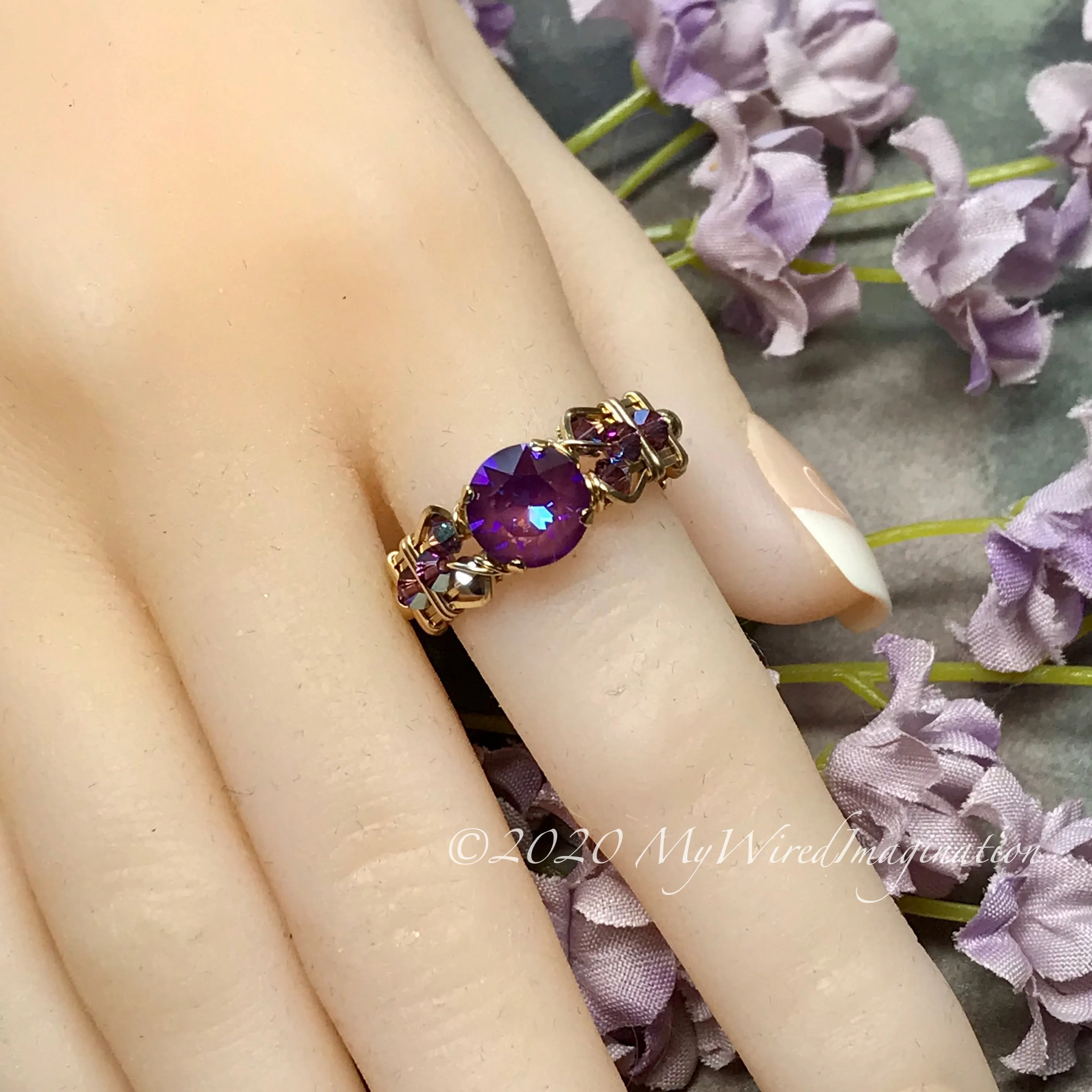 Burgundy-DeLite Ring, Genuine Swarovski Crystal, Handmade Ring, 14K GF US Size 8.5