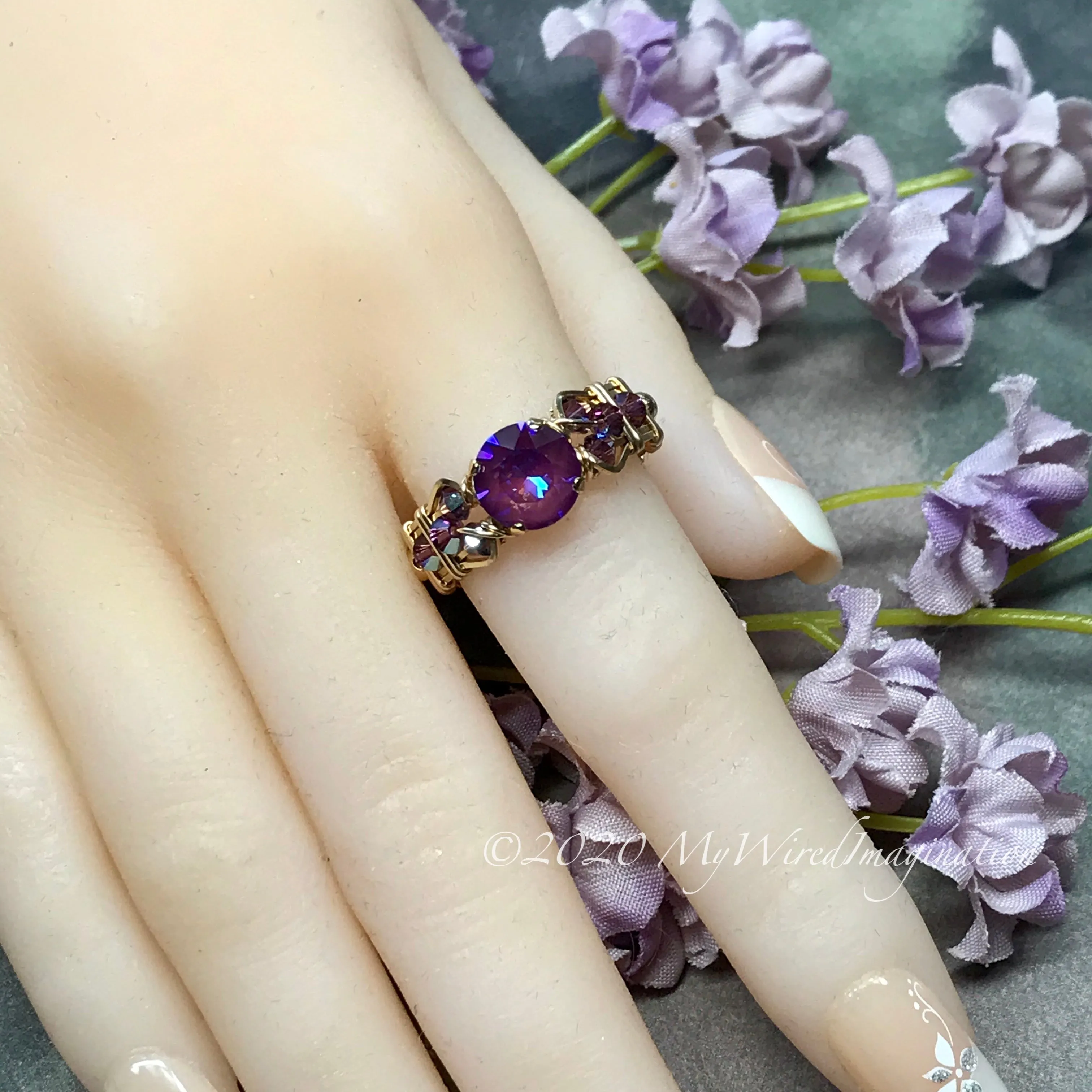 Burgundy-DeLite Ring, Genuine Swarovski Crystal, Handmade Ring, 14K GF US Size 8.5