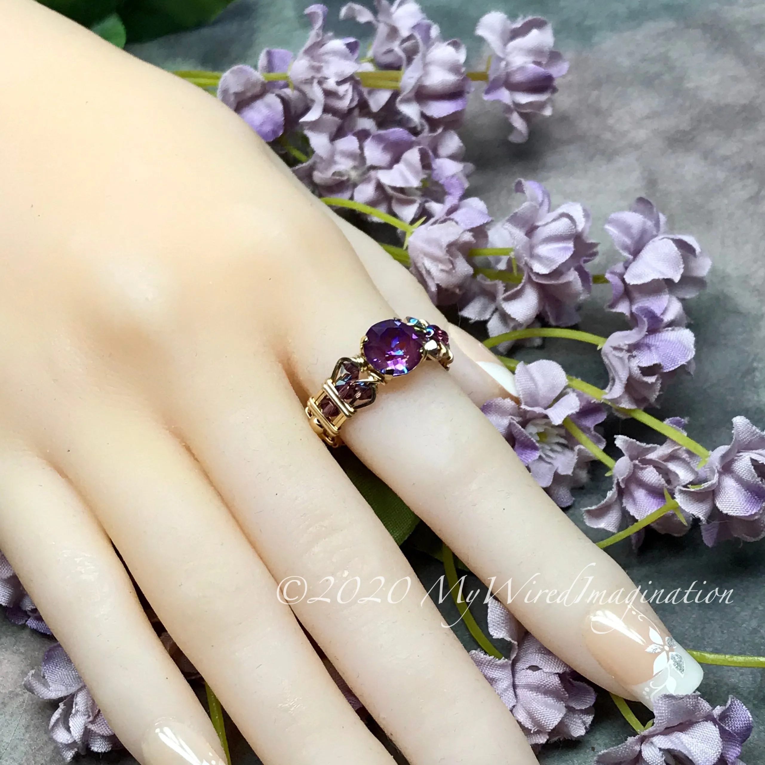 Burgundy-DeLite Ring, Genuine Swarovski Crystal, Handmade Ring, 14K GF US Size 8.5