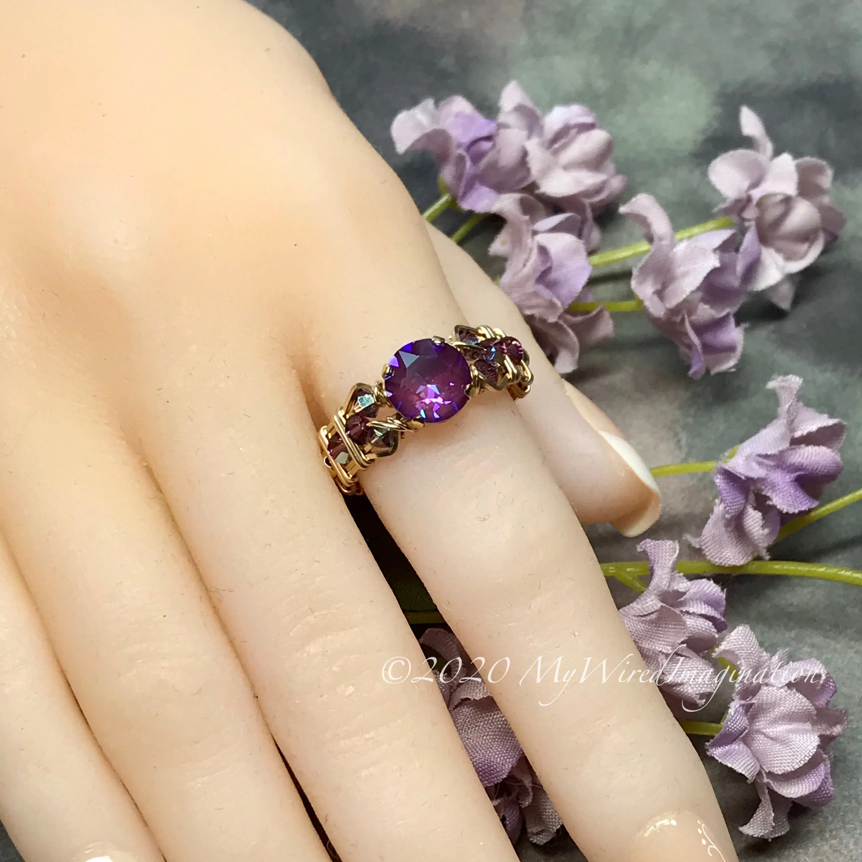 Burgundy-DeLite Ring, Genuine Swarovski Crystal, Handmade Ring, 14K GF US Size 8.5