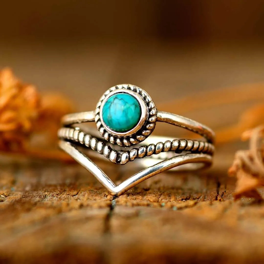 Chevron Turquoise Stone Ring Sterling Silver