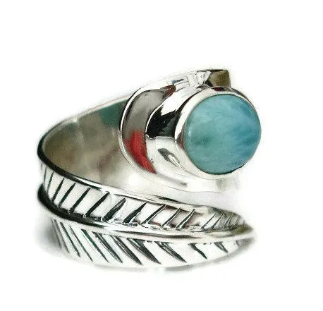 Chunky Leaf Adjustable Larimar Ring, 925 Sterling Silver, R48L