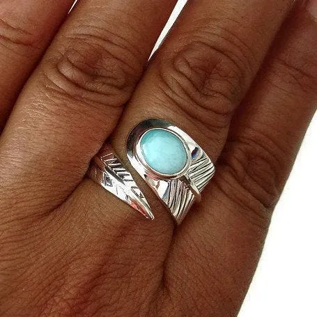 Chunky Leaf Adjustable Larimar Ring, 925 Sterling Silver, R48L