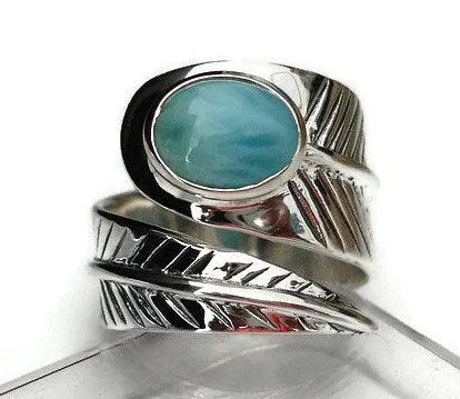 Chunky Leaf Adjustable Larimar Ring, 925 Sterling Silver, R48L