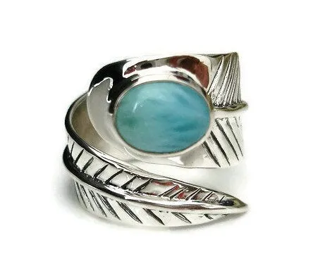 Chunky Leaf Adjustable Larimar Ring, 925 Sterling Silver, R48L
