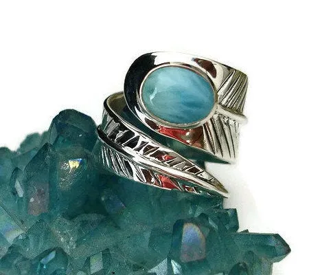 Chunky Leaf Adjustable Larimar Ring, 925 Sterling Silver, R48L