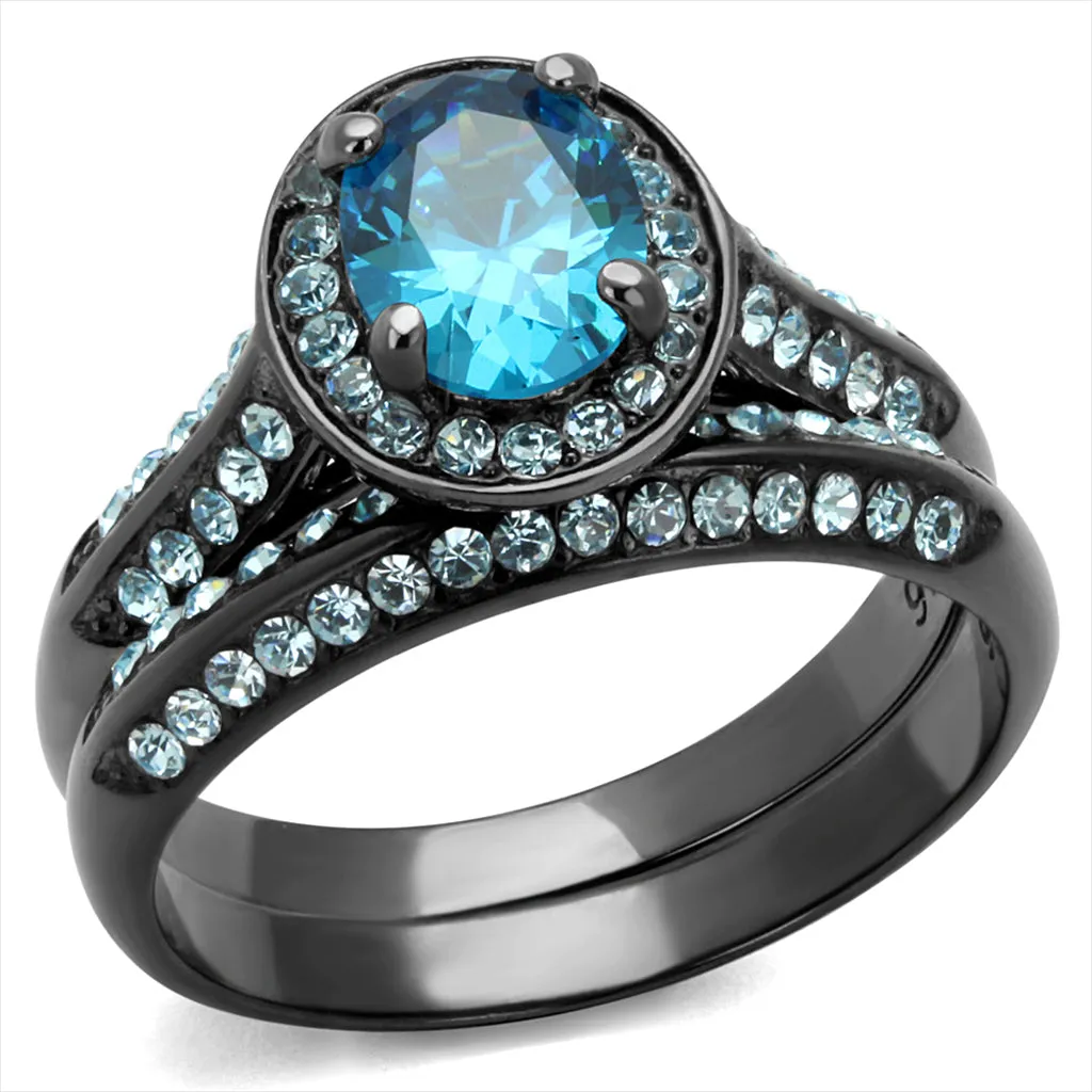 CJ1W163LJ Wholesale 2.10 ct. Sea Blue CZ Black IP Plated Ring Set