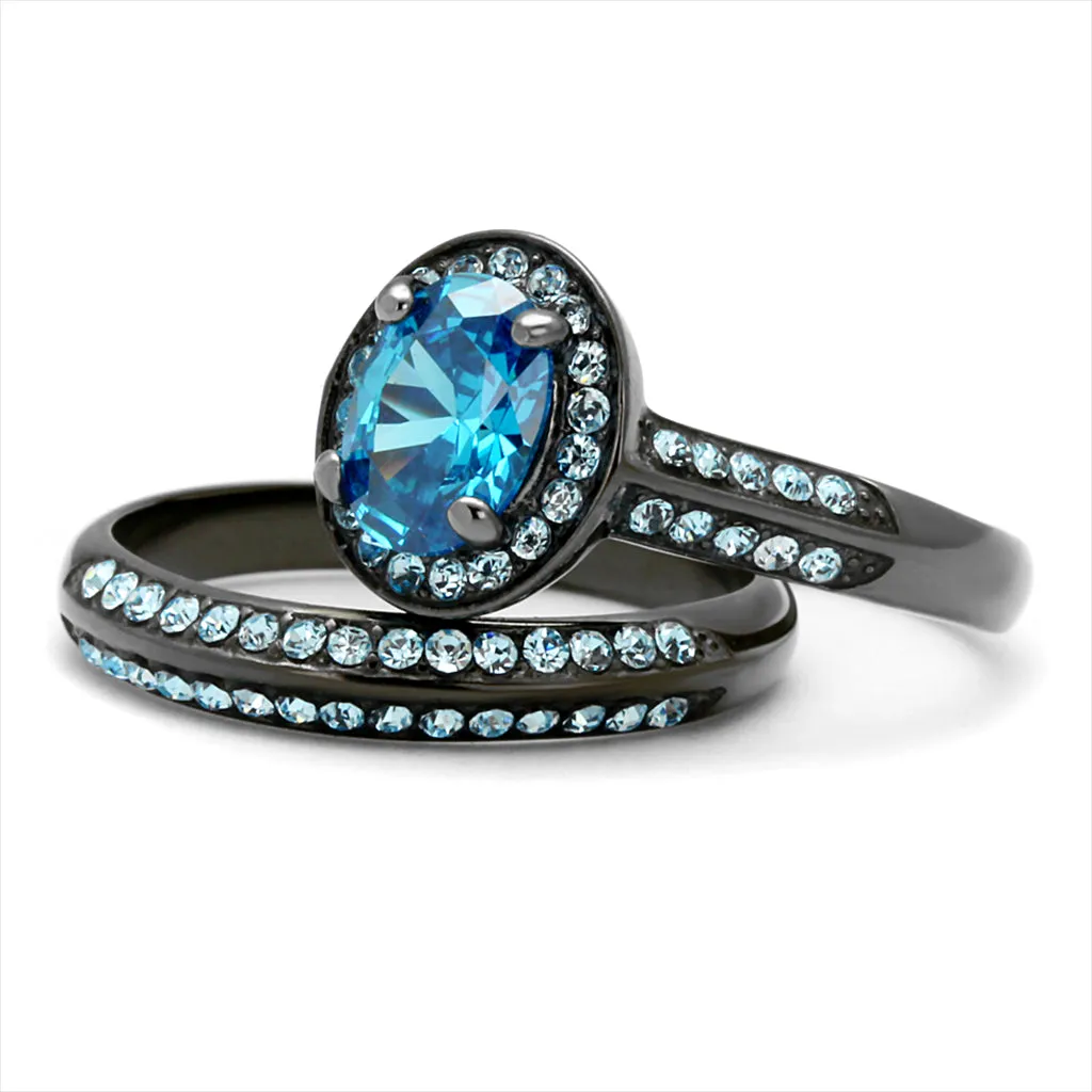 CJ1W163LJ Wholesale 2.10 ct. Sea Blue CZ Black IP Plated Ring Set