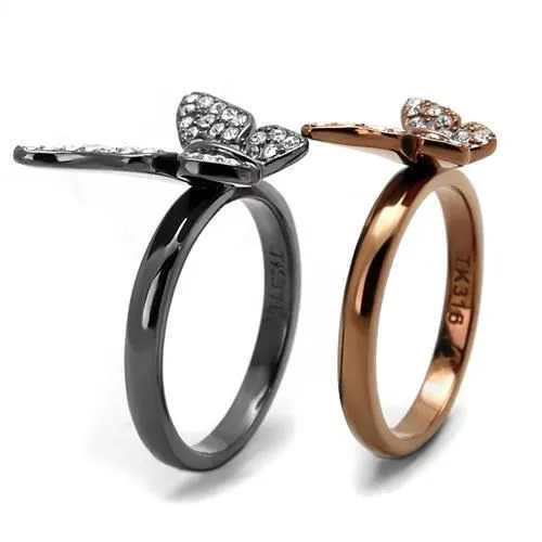 CJ2806 Wholesale Women's Stainless Steel IP Light Black & IP Light coffee Women Top Grade Crystal Clear Butterfly Ring Set