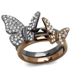 CJ2806 Wholesale Women's Stainless Steel IP Light Black & IP Light coffee Women Top Grade Crystal Clear Butterfly Ring Set