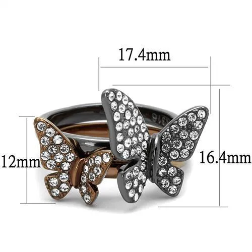 CJ2806 Wholesale Women's Stainless Steel IP Light Black & IP Light coffee Women Top Grade Crystal Clear Butterfly Ring Set