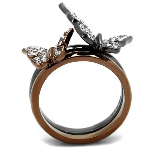 CJ2806 Wholesale Women's Stainless Steel IP Light Black & IP Light coffee Women Top Grade Crystal Clear Butterfly Ring Set