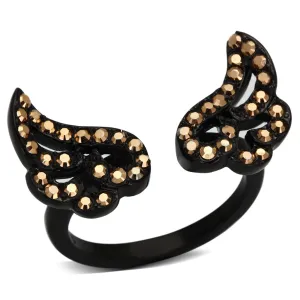 CJ980 Wholesale Women's Stainless Steel IP Black Top Grade Crystal Metallic Light Gold Minimal Wings Ring